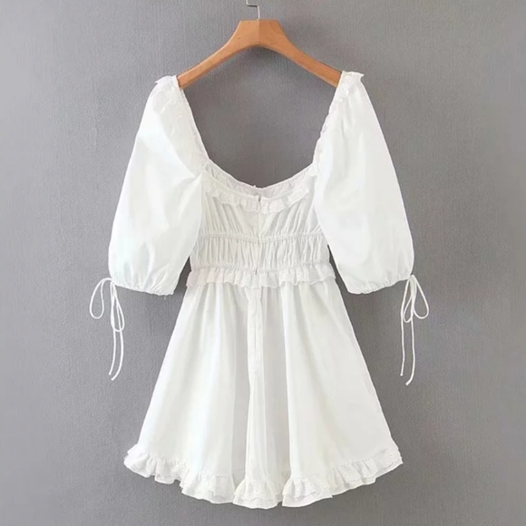 White Puff Sleeve Square Neck Dress with Lace and Ruffle Detail - Picture 8 of 16